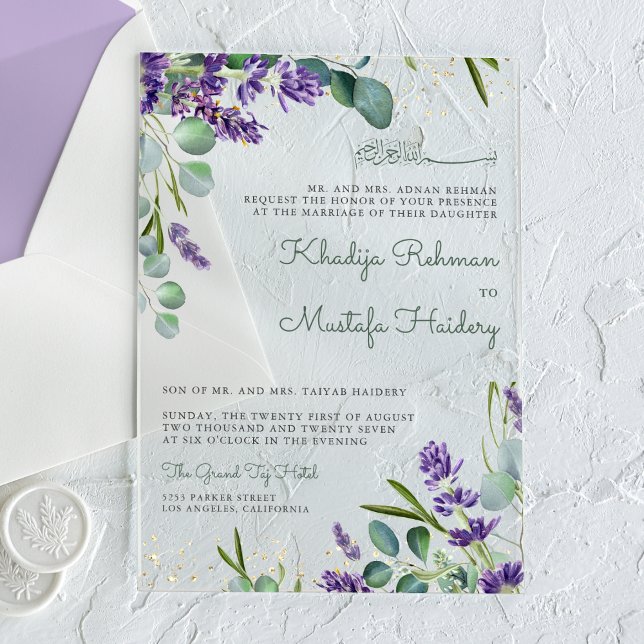 Invitations En Acrylique Mariage islamique floral lavande eucalyptus rustiq (Créateur téléchargé)