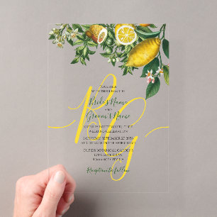 Invitations En Acrylique Mariage Jaune Citron Rustique & Feuillage Vert