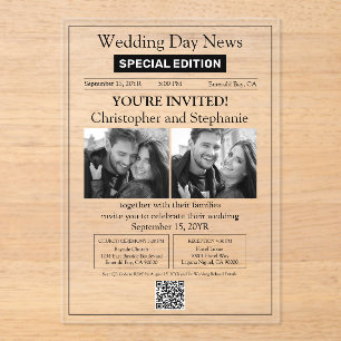 Invitations En Acrylique Mariage Journal Classique 2 Photos Noir et Blanc