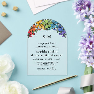 Invitations En Acrylique Mariage LGBT Fleurs d'orgueil Arc Monogramme