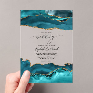 Invitations En Acrylique Mariage Luxe Faux Paillettes Turquoise & Agate Dor