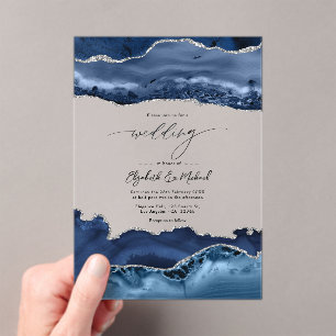Invitations En Acrylique Mariage Luxueux Faux Paillettes Agate Navy et Arge