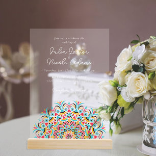 Invitations En Acrylique Mariage Mandala Abstrait Bleu Turquoise Rose