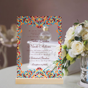 Invitations En Acrylique Mariage mandala floral fantaisiste orange sarcelle