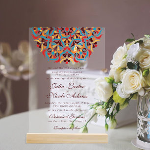 Invitations En Acrylique Mariage mandala floral fantaisiste orange sarcelle