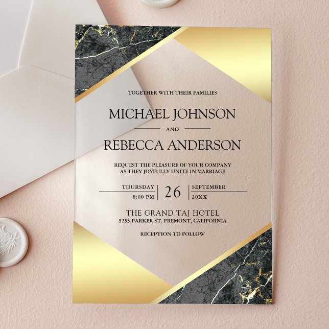 Invitations En Acrylique Mariage Marbre Gris Géométrique Or (Créateur téléchargé)