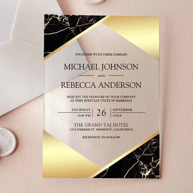 Invitations En Acrylique Mariage Marbre Noir Géométrique Or (Créateur téléchargé)