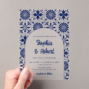 Invitations En Acrylique Mariage mexicain en carreaux de Talavera bleu