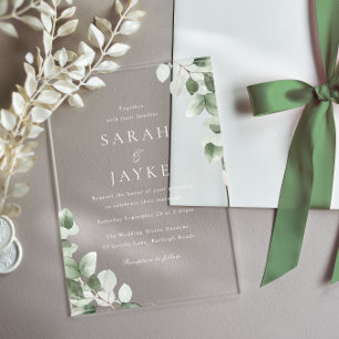 Invitations En Acrylique Mariage minimal moderne feuille verte blanche