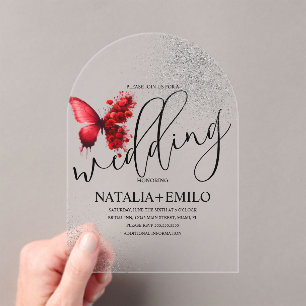 Invitations En Acrylique Mariage minimal script papillon rouge