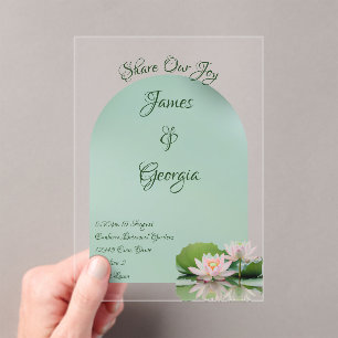 Invitations En Acrylique Mariage minimaliste de lotus vert et rose doux