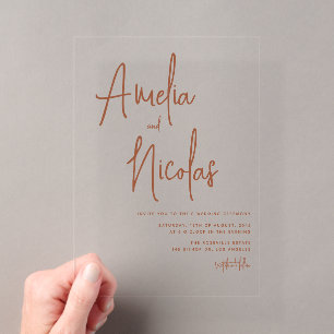 Invitations En Acrylique Mariage Minimaliste Écriture Manuscrite Terracotta