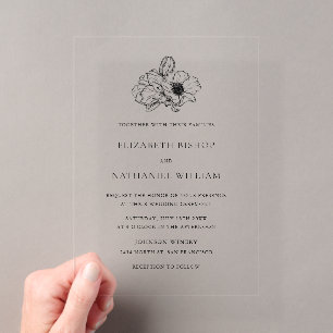 Invitations En Acrylique Mariage minimaliste noir Art en ligne d'anémone