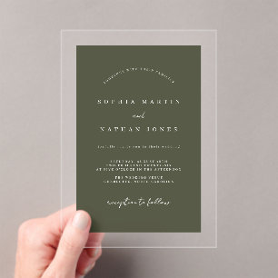 Invitations En Acrylique Mariage Minimaliste Vert Olive Moderne Clair