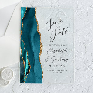 Invitations En Acrylique Mariage Moderne à l'encre sarcelle et or
