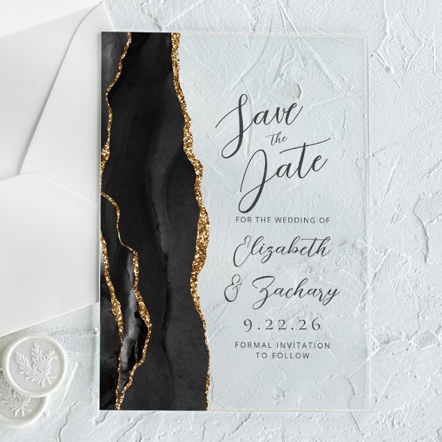 Invitations En Acrylique Mariage Moderne à l'Encres Agate Noire et Or (Créateur téléchargé)