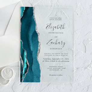 Invitations En Acrylique Mariage Moderne Agate Bleu Turquoise Argent