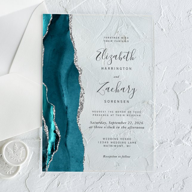 Invitations En Acrylique Mariage Moderne Agate Bleu Turquoise Argent (Créateur téléchargé)