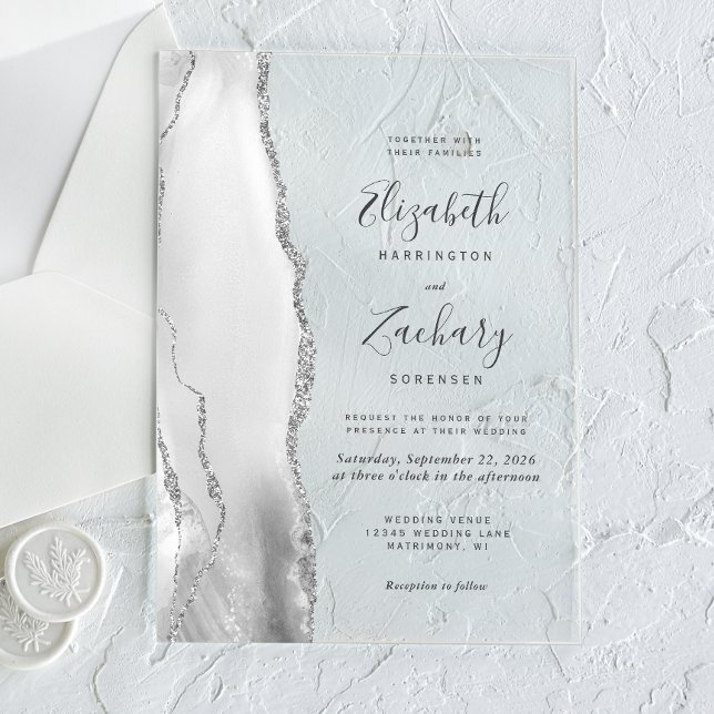 Invitations En Acrylique Mariage Moderne Agate Grise Blanche Argentée (Créateur téléchargé)