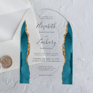Invitations En Acrylique Mariage Moderne Arc Bleu Sarcelle Agate Or
