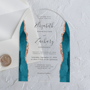 Invitations En Acrylique Mariage Moderne Arc Bleu Sarcelle Or Rose Agate