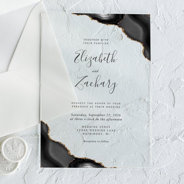 Invitations En Acrylique Mariage Moderne aux Coins d'Agate Noir et Or (Créateur téléchargé)