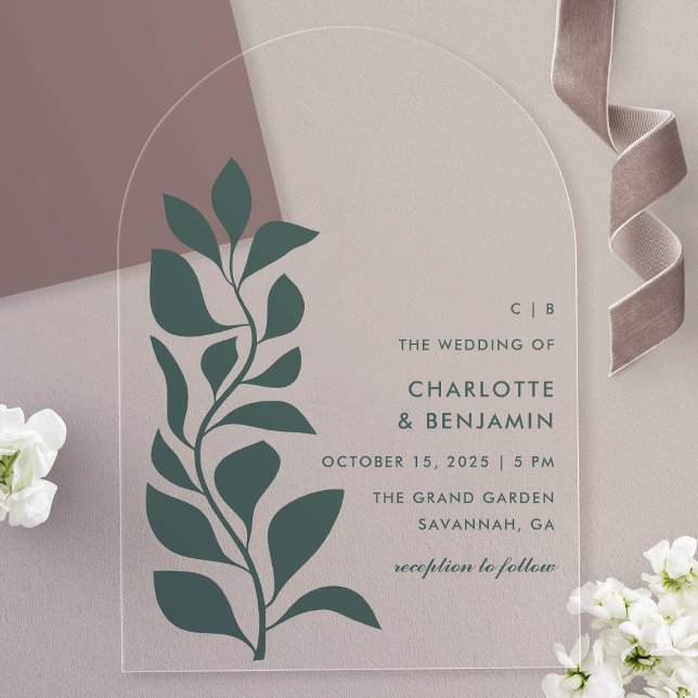 Invitations En Acrylique Mariage Moderne aux Feuilles Botaniques Vertes (Créateur téléchargé)