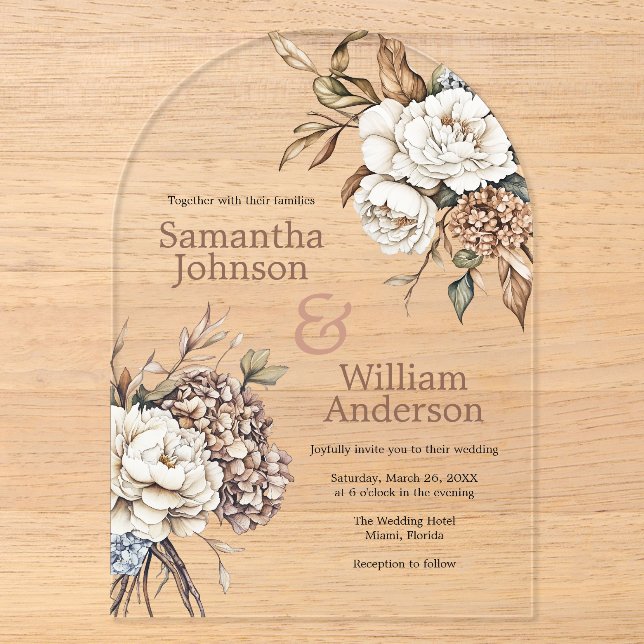 Invitations En Acrylique Mariage Moderne aux Pivoines et Hydrangeas (Recto)