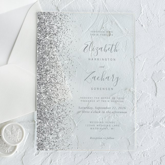 Invitations En Acrylique Mariage Moderne avec Bordure Pailletée Argent (Créateur téléchargé)