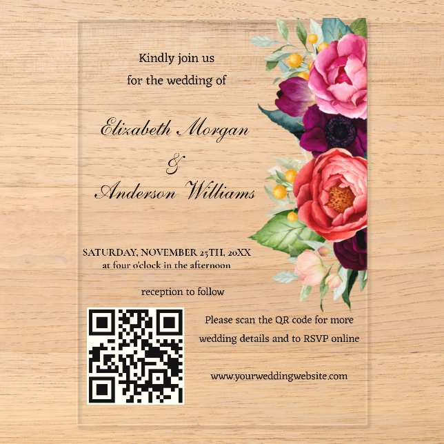 Invitations En Acrylique Mariage moderne avec code QR  (Recto)