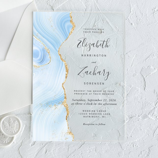 Invitations En Acrylique Mariage Moderne Bébé Bleu Agate Or (Créateur téléchargé)
