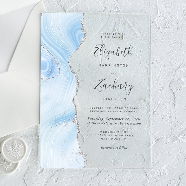 Invitations En Acrylique Mariage Moderne Bébé Bleu Argent Agate (Créateur téléchargé)
