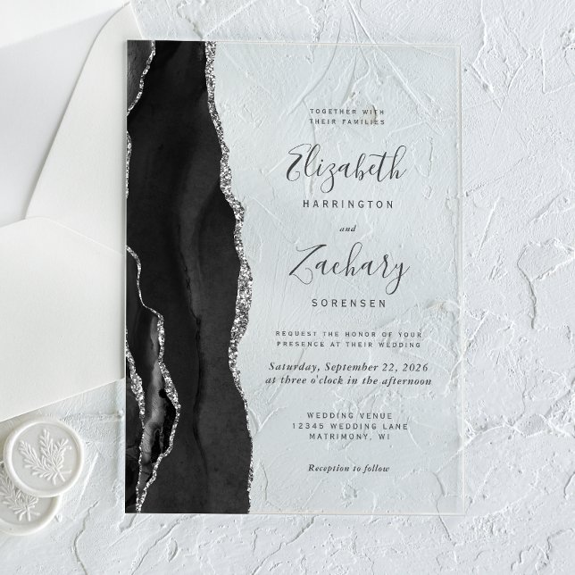 Invitations En Acrylique Mariage moderne Black Silver Agate (Créateur téléchargé)