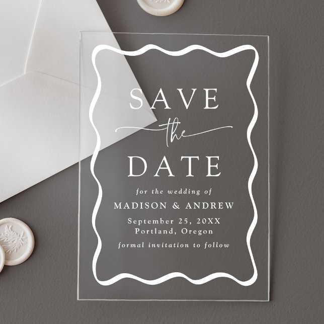 Invitations En Acrylique Mariage moderne blanc Wavy Frame Enregistrer la da (Créateur téléchargé)