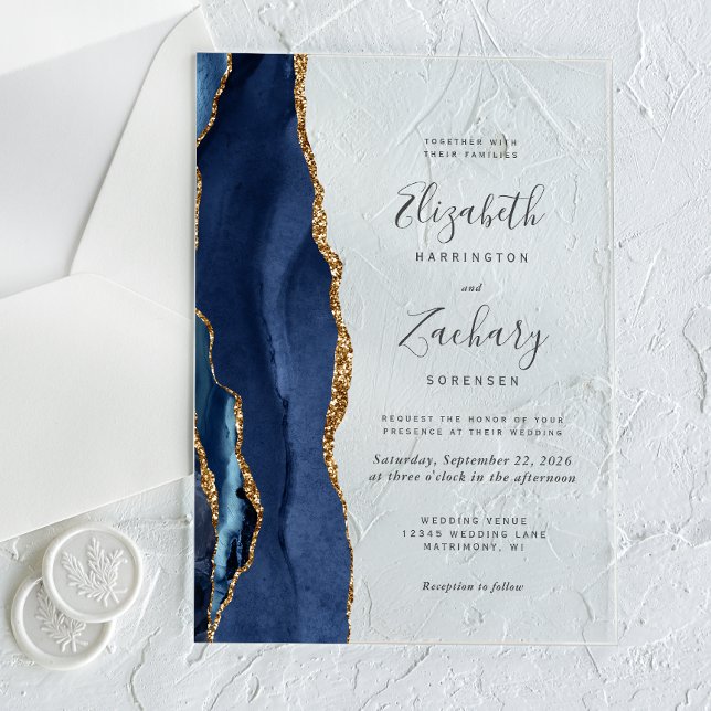 Invitations En Acrylique Mariage Moderne Bleu Nuit Agate Or (Créateur téléchargé)