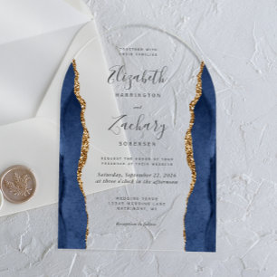 Invitations En Acrylique Mariage Moderne Bleu Nuit Or Agate Arche