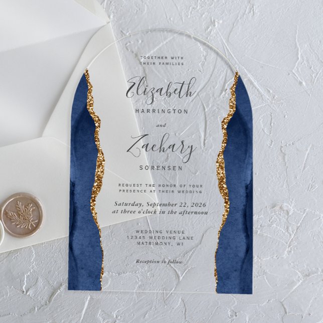Invitations En Acrylique Mariage Moderne Bleu Nuit Or Agate Arche (Créateur téléchargé)