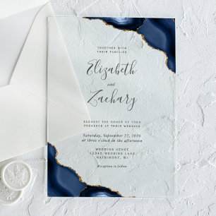Invitations En Acrylique Mariage Moderne Bleu Nuit Or Coins Agate