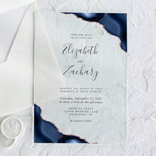 Invitations En Acrylique Mariage Moderne Bleu Nuit Rose Gold Agate Coins