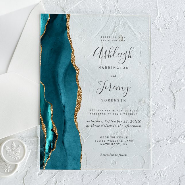 Invitations En Acrylique Mariage Moderne Bleu Sarcelle Agate Or (Créateur téléchargé)