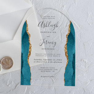 Invitations En Acrylique Mariage Moderne Bleu Sarcelle Or Agate Arche