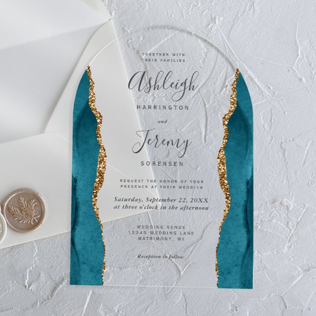 Invitations En Acrylique Mariage Moderne Bleu Sarcelle Or Agate Arche (Créateur téléchargé)