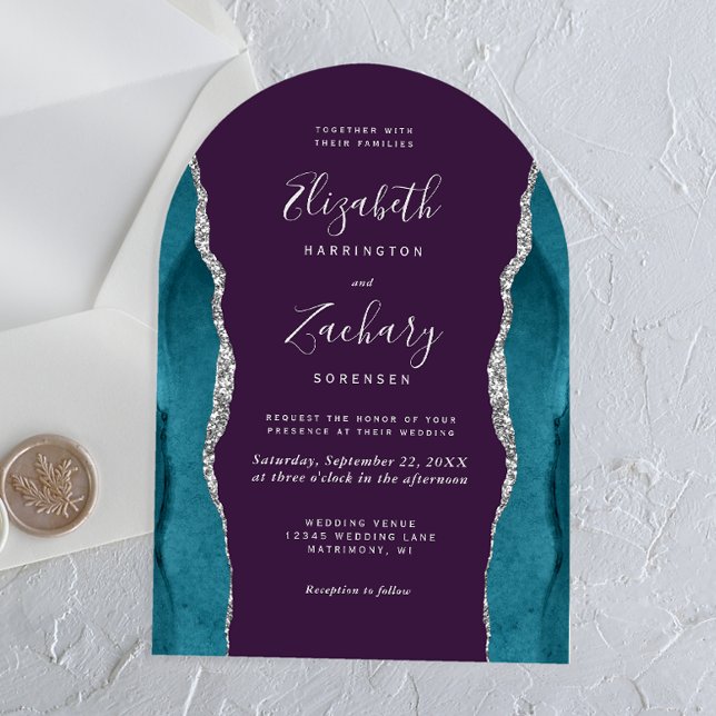 Invitations En Acrylique Mariage Moderne Bleu Turquoise Argent Agate Violet (Créateur téléchargé)