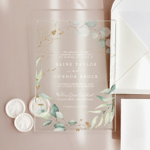 Invitations En Acrylique Mariage Moderne Bohème Blanc Feuille d'Or Végétal