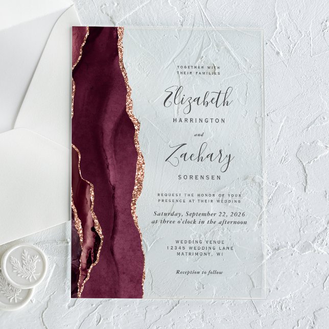 Invitations En Acrylique Mariage Moderne Bourgogne Or Rose Agate (Créateur téléchargé)