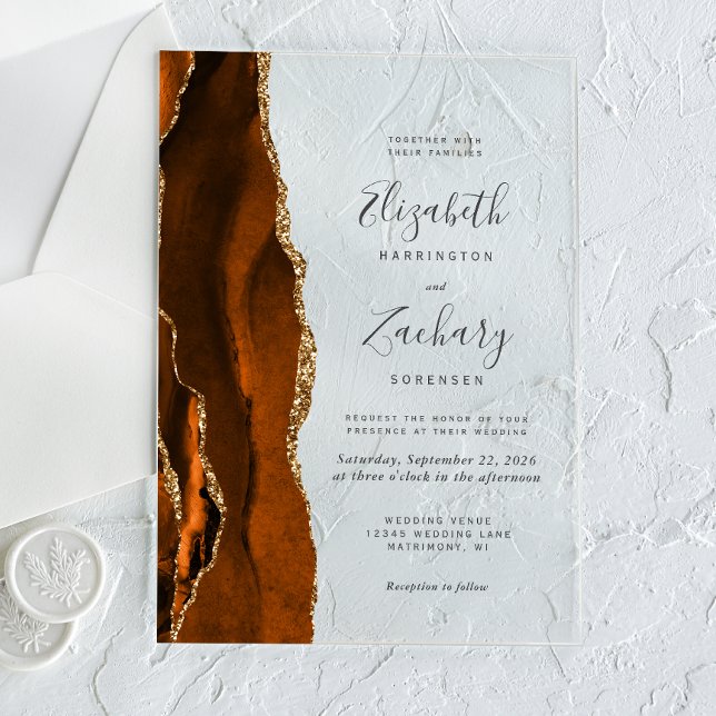 Invitations En Acrylique Mariage moderne Burnt Orange Gold Agate (Créateur téléchargé)