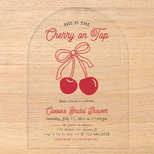 Invitations En Acrylique Mariage Moderne Cerise sur le dessus Ruban Rose Ba