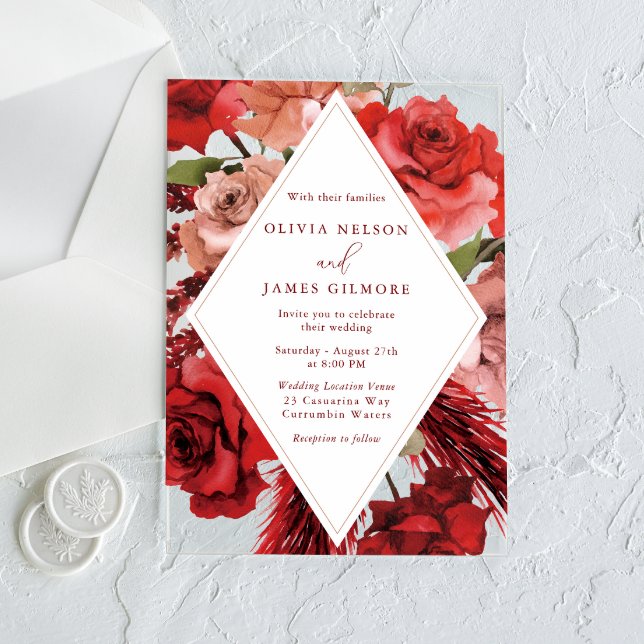 Invitations En Acrylique Mariage Moderne de Roses Rouges Romantiques  (Créateur téléchargé)
