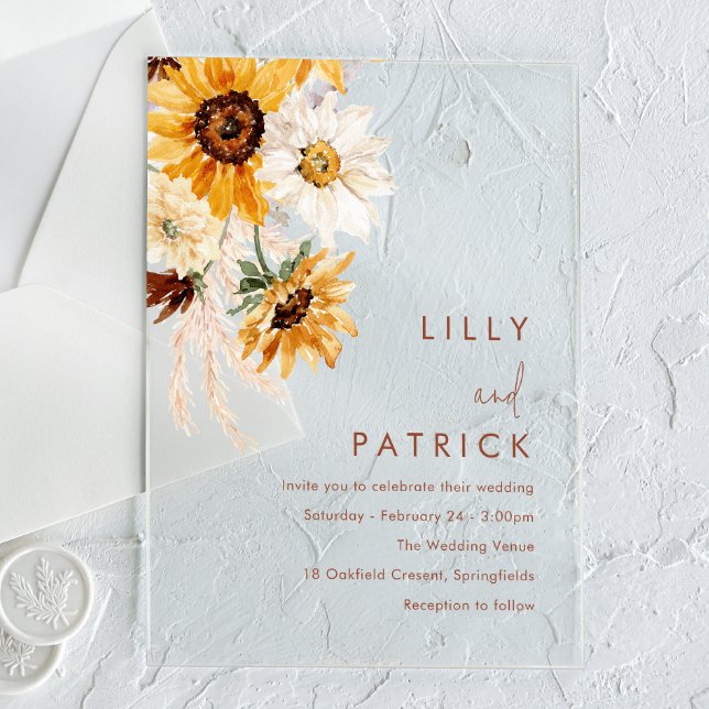 Invitations En Acrylique Mariage Moderne de Tournesols Boho (Créateur téléchargé)