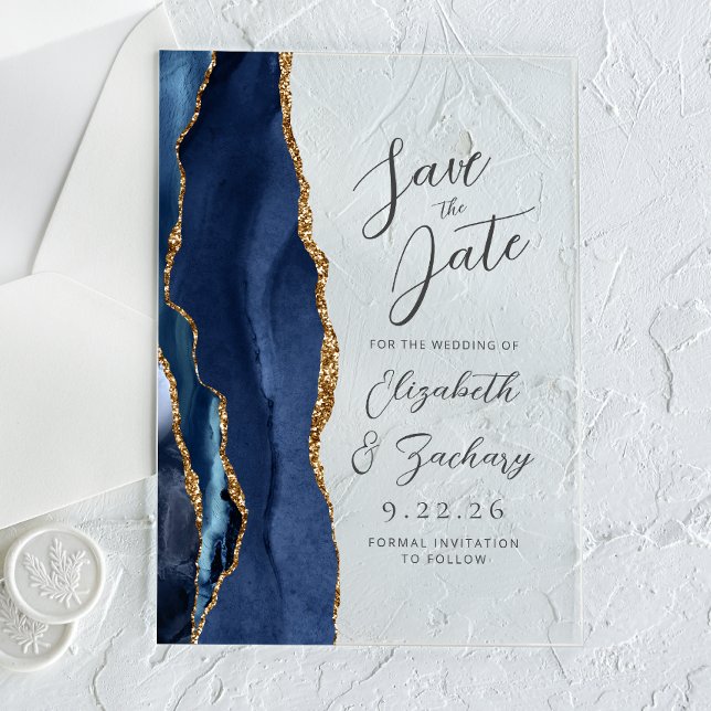 Invitations En Acrylique Mariage Moderne Écriture Agate Bleu Nuit Or (Créateur téléchargé)